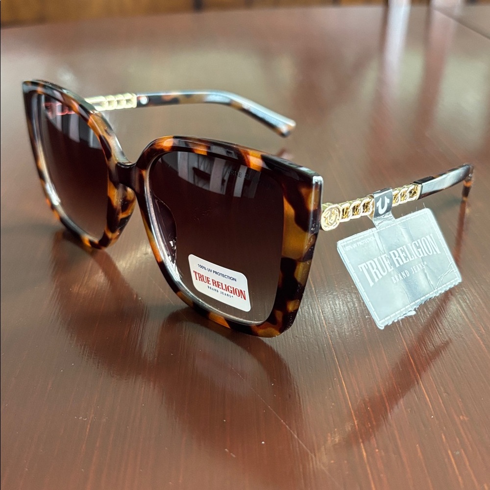 True Religion 100% UV protect,black/brown tortoise,gold logo arm,sunglasses